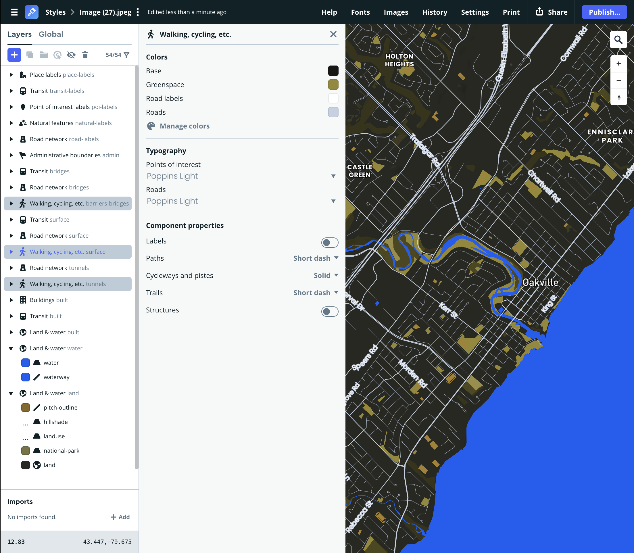 A screenshot of some of the settings being experimented with in Mapbox.