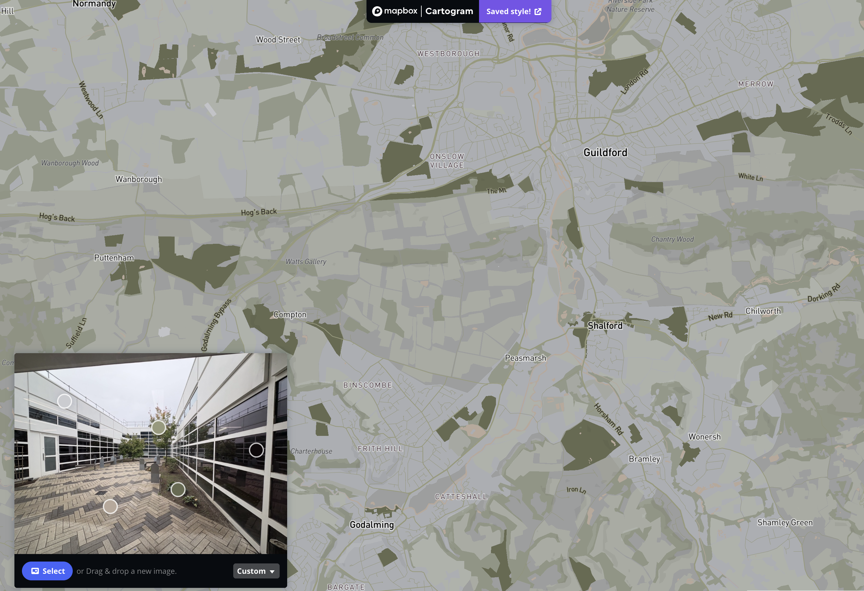 A screenshot of working the image and Cartography plugin in Mapbox.