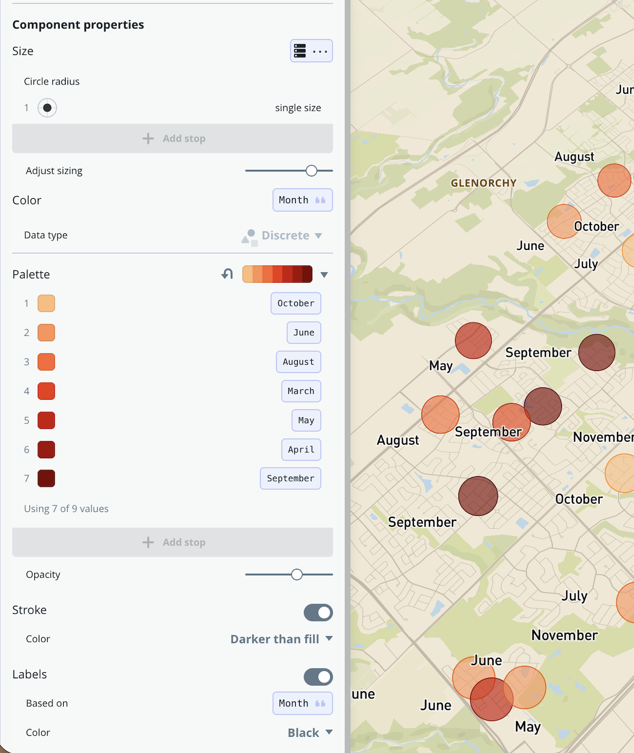 A screenshot of experimenting with Mapbox settings while working with data driven circles.