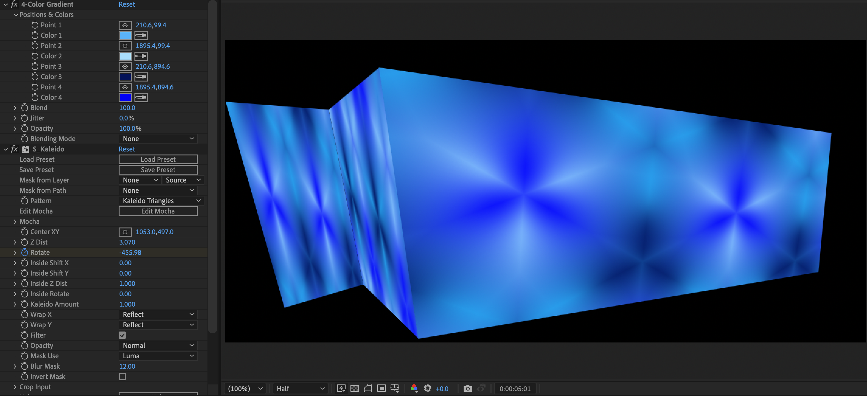 A screenshot of experimenting with S_Kaliedo in After Effects after the tutorial, while working on the final design.