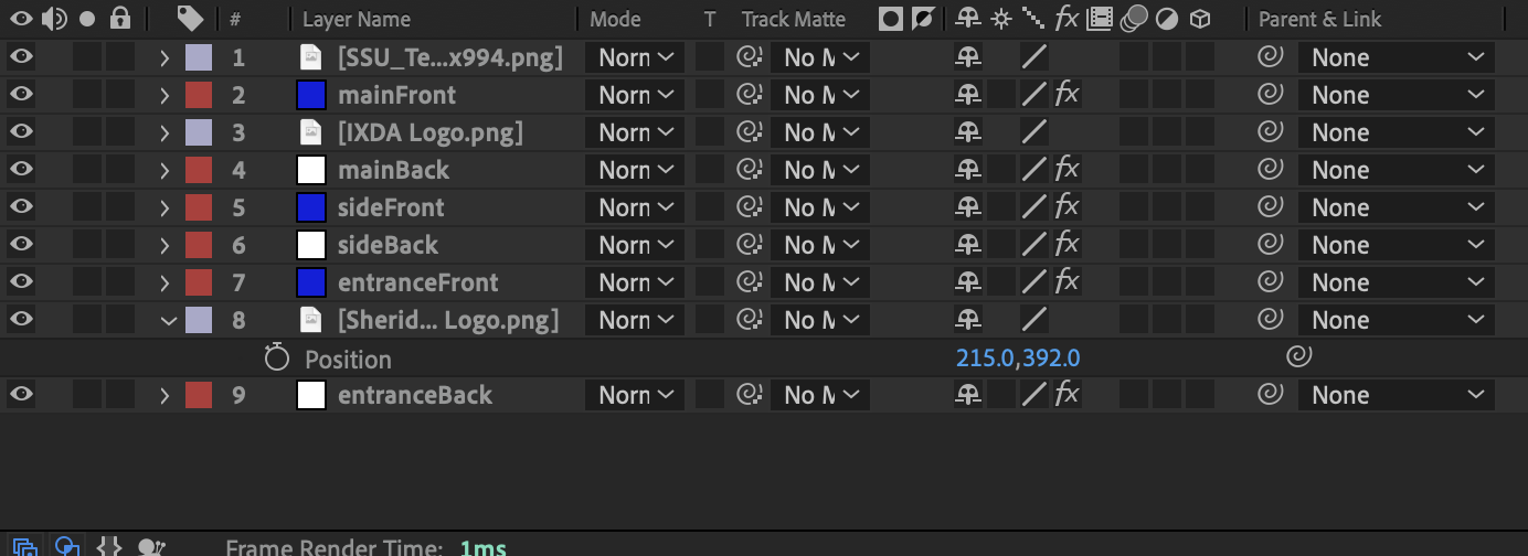 A screenshot of the layering before pre-composing in After Effects during the tutorial.