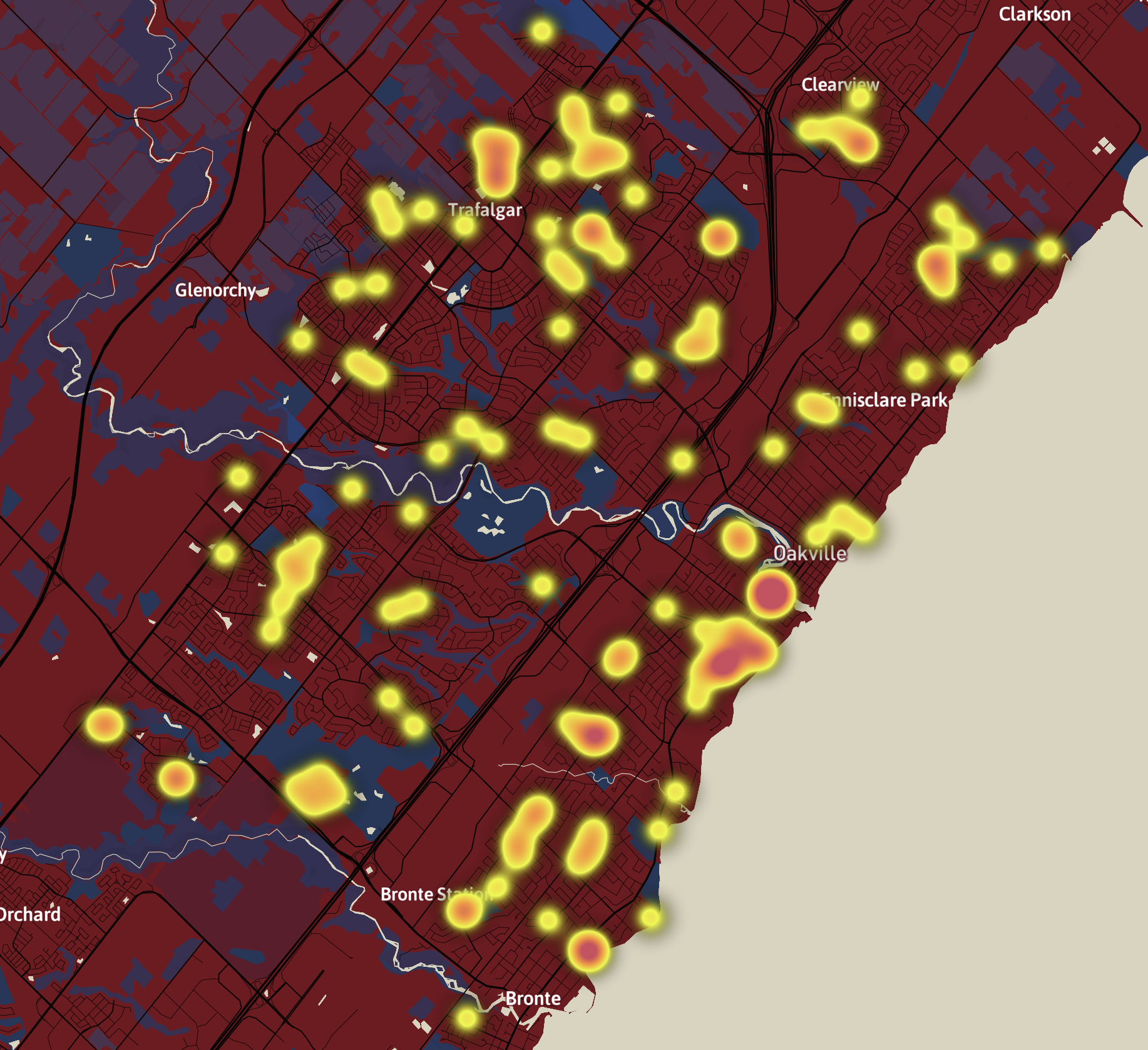 A screenshot of exploring in Mapbox with a heat map representing house break ins in Oakville in the last 8 months.