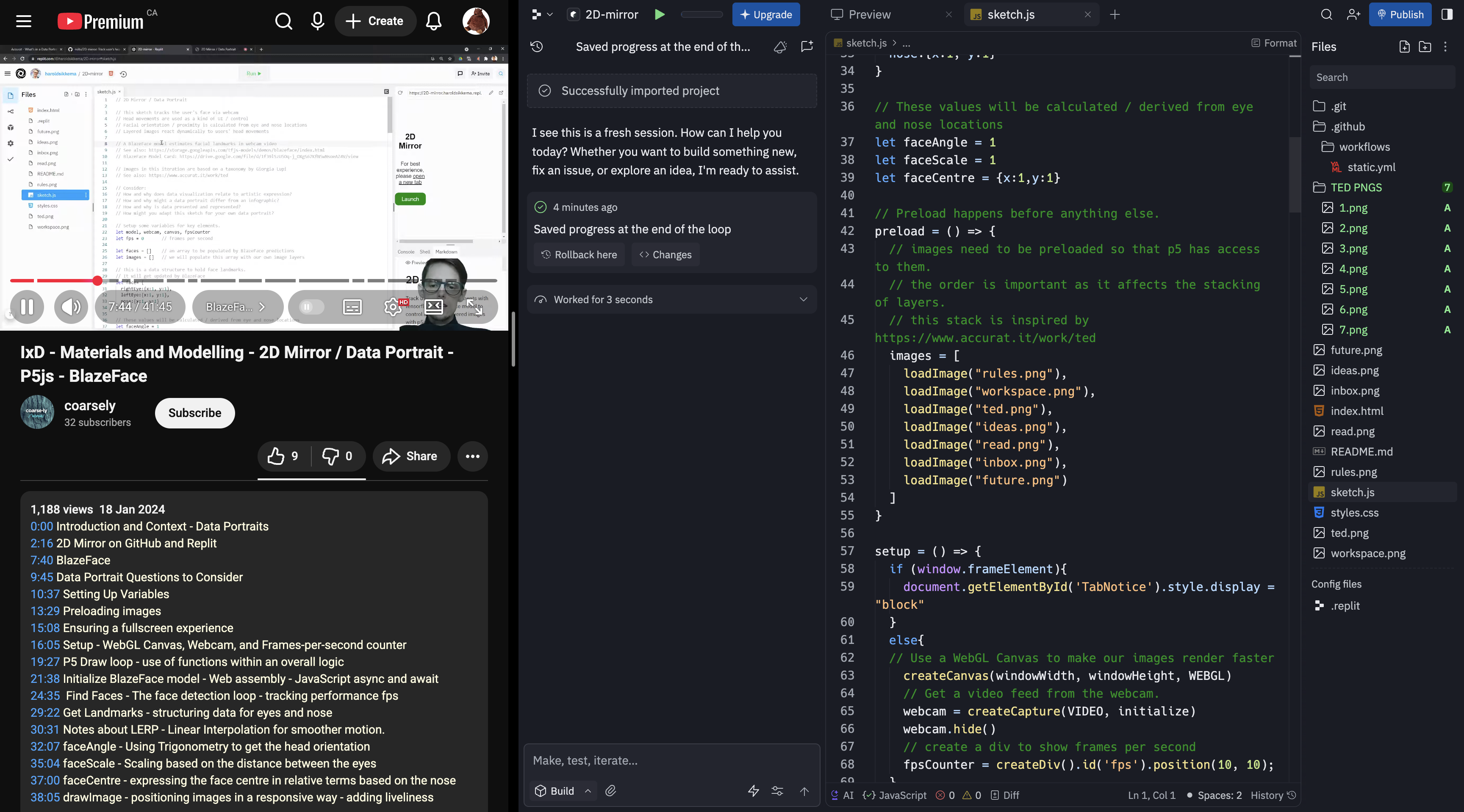 A screenshot of following along with the 2D tutorial and working with Blazeface with a personalized data portrait.